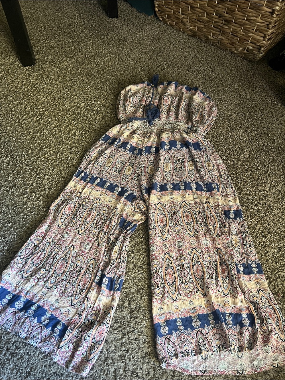 Strapless Boho Print Wide-Leg Jumpsuit - Blue Multi
